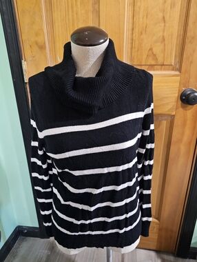 Calvin Klein Jeans Black & White Striped Cowl Neck Sweater